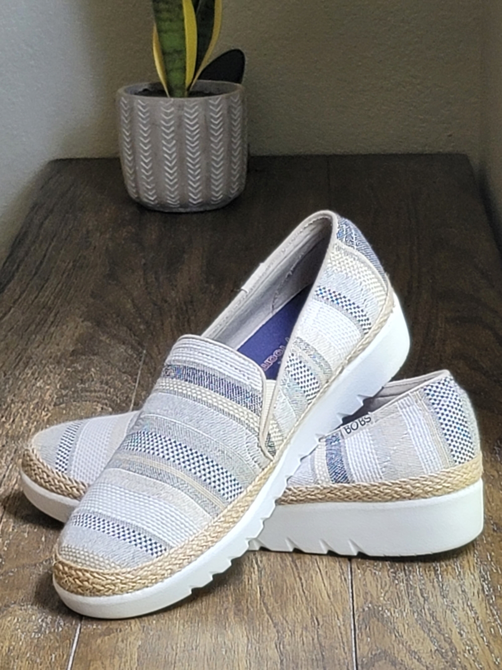 BOBS from Skechers Women’s Slip-On Espadrille Mules in Beige and Gray